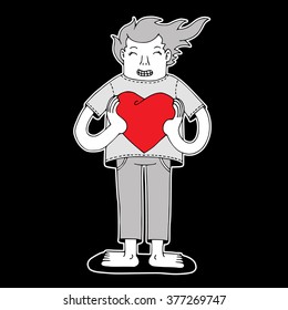 Man with big heart , Hand sketching cartoon concept Doodles style
