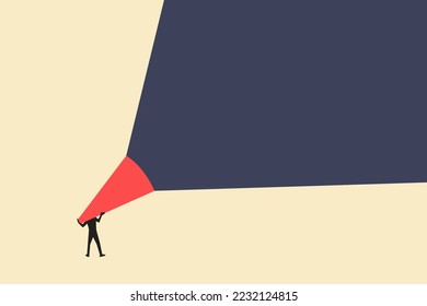 man with big Huge loudspeaker shouting. Concept of information, creativity, social issues, rumors. Copy space for ad