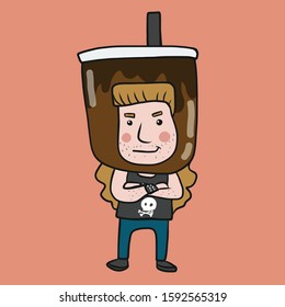 Man with big ice chocolate cup on head cartoon vector illustration