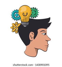 Man with big idea bulb light and gears cartoon vector illustration graphic design