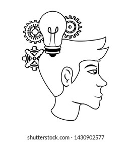 Man with big idea bulb light and gears cartoon vector illustration graphic design
