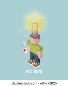 Man with big idea bulb overhead, cubes composition isometric vector illustration