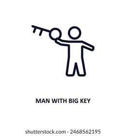 hombre con icono de llave grande. Hombre de la línea delgada con el icono de la llave grande de la colección de la gente. Vector de contorno aislado sobre fondo blanco. El hombre editable con el símbolo de la llave grande se puede utilizar Web y móvil