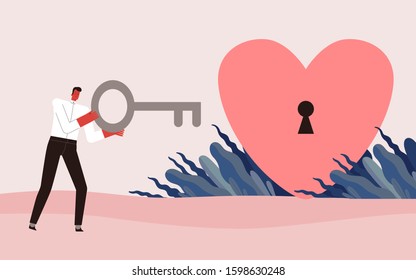 A man with a big key opens a heart with a lock. Isolated on white background.