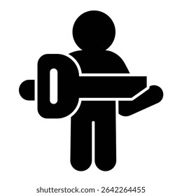 Man with big key solid icon, design recruitment concept. Vector graphics. Key with famous person, human recourse sign on white background, style mobile or design