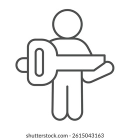 Man with big key thin line icon, design recruitment concept. Vector graphics. Key with famous person, human recourse sign on white background, outline style icon for mobile or web design