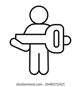 Homem com grande chave ícone linha fina, design de recrutamento conceito. Gráficos vetoriais. Chave com pessoa famosa, sinal de recurso humano no fundo branco, móvel estilo ou design