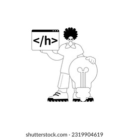 Man with big light up bulb and window with program icon . Black and white note artwork. Trendy style, Vector Illustration