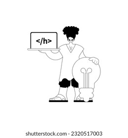 Man with big light up bulb and window with program icon . Black and white note artwork. Trendy style, Vector Illustration