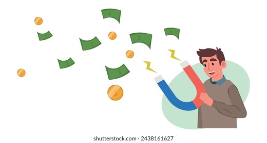 man with big magnet attracting money from male character trying to keep his capital. Cartoon vector illustration