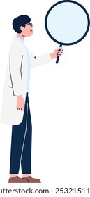 Man with big magnifying glass. Scientific research character