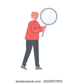 Man with Big Magnifying Glass Searching for Information Vector Illustration