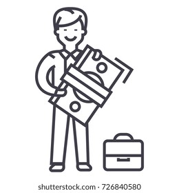 man with big money and suitcase vector line icon, sign, illustration on background, editable strokes