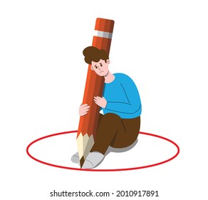 Man with big pencil is drawing a red circle around him on white background, comfort zone, sad, writing concept, Vector illustration design	