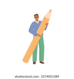 Man with big pencil in hands copywriter or author. Writer or blogger, interviewer and screenwriter, draftsman or author human character with writing tool. Student or office worker, flat illustration