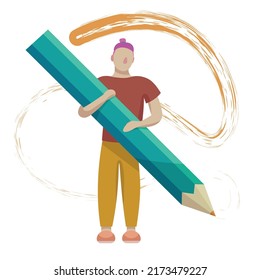 Man with big pencil on white background