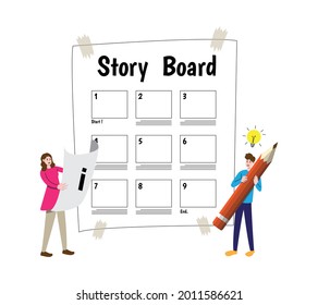 Man with big pencil and women with infomation paper talking about ideas for creating a storyboard on white background, story, storyboard, idea, concept, Vector illustration design	