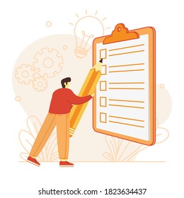 Man With Big Pencil Write on Big Paper With Big Board Plan A Business Flat Design Vector Illustration