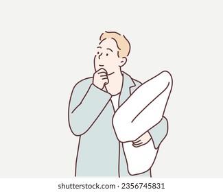 man with big pillow. Hand drawn style vector design illustrations.