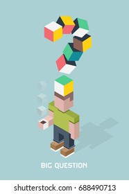 Man with big question doubts, giant question mark, cubes composition isometric vector illustration