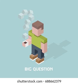 Man With Big Question Doubts, Giant Question Mark Of Coffee Steam, Cubes Composition Isometric Vector Illustration