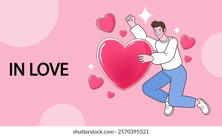 man with big red heart feeling in love one family. Happy young couple connecting heart. dating. Valentine's Day. Human Relations. Romantic Dating. vector outline illustration.