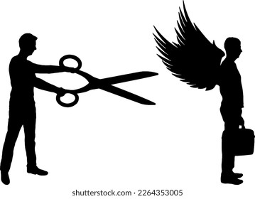 A man with big scissors in his hands intends to cut off the wings of the man in front of him. Concept of betrayal in business. Vector Silhouette