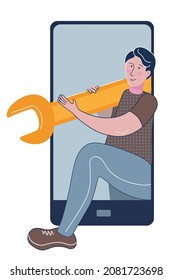 Man with big spanner. Online help. Customer service concept illustration