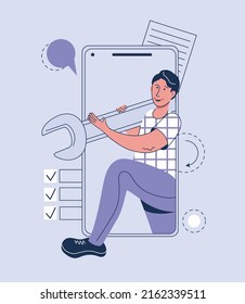 Man with big spanner. Online help. Customer service concept illustration. Flat vector illustration