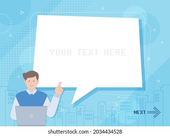 man with big speech bubble. online education concept. using laptop and pointing at board. city line and abstract background