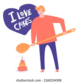 A man with a big spoon is going to eat a cake. Dependence on sweet, breaking the diet, delicious food. Bright vector illustration in modern style.
