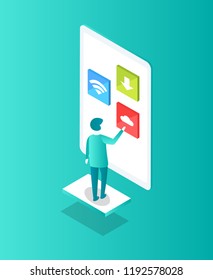 Man and big touchscreen with wifi connection, download arrow and cloud. Isolated isometric icon 3d. Male with modern technologies interaction vector