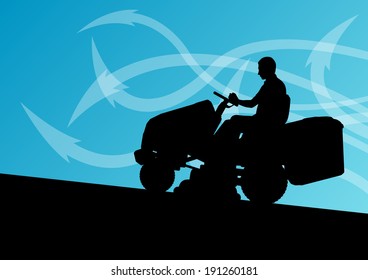 Man with big vacuum cleaner tractor cleaning and pollishing flooring and carpet in abstract background illustration vector