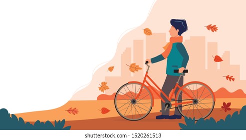 Man with a bike in autumn. Cute vector illustration in flat style.