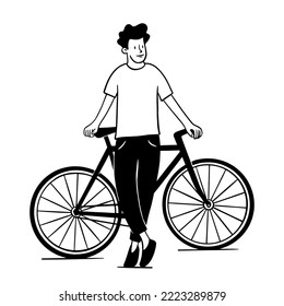 Man with a bike. Cyclist standing by the bike. Hand drawn illustration.