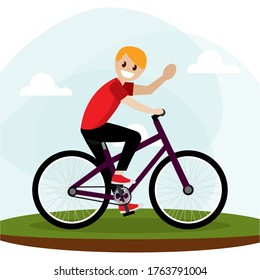 Man in a bike over a natural landscape. Bike trips - Vector