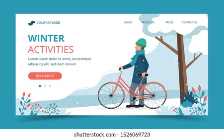 Man with bike in the park in winter. Landing page template. Cute vector illustration in flat style.