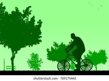 Man bike ride in park silhouette, one in the series of similar images. Layered vector illustration