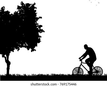 Man bike ride in park silhouette, one in the series of similar images. Layered vector illustration