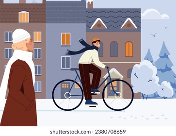 Hombre en bicicleta en invierno. Joven con ropa de abrigo en transporte ecológico. Viaje y viaje. La gente camina al aire libre cuando hace frío. Afiche o pancarta. Dibujo vectorial plano de dibujos animados