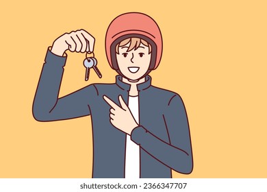 Man in biker helmet shows keys for motorcycle or scooter designed for work as courier in delivery service. Lucky guy in hardhat invites you to ride scooter to quickly get to office or university