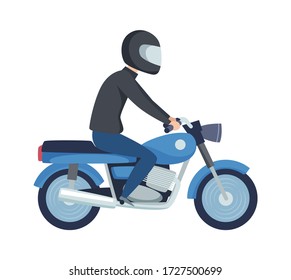 Man biker. Male on sport motorcycle. Flat boy in helmet drive scooter vector illustration