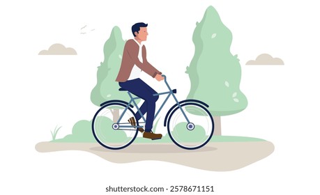 Man biking outdoors - Male person riding and using bicycle in casual clothes smiling, cycling and enjoying fresh air, relaxed and calm. Flat design vector illustration on white background