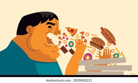 man with binge eating disorder devouring junk food