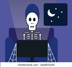 Man Binge Watching Tv Late Into Night And Turning Into Skeleton