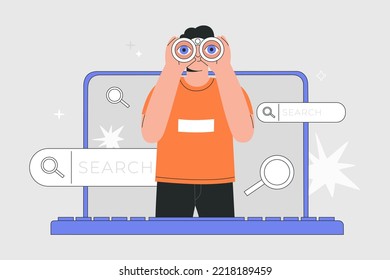 Hombre con binocular en pantalla de computadora. Contratar, concepto de caza de cabeza. Su gerente busca nuevos candidatos para puestos vacantes. Ilustración vectorial dibujada a mano aislada en el fondo, estilo de caricatura plana.