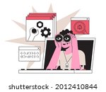 Man with binocular fix distantly computer or laptop, deleting malware, virus, spam, bug or system error. Distant system administrator at work fixing program code or searching or preventing data leak.