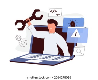 Man with binocular fix distantly computer or laptop, deleting malware, virus, spam, bug or system error. Distant system administrator at work fixing program code or searching or preventing data leak.