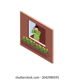 Man with binocular in house window isometric icon vector illustration