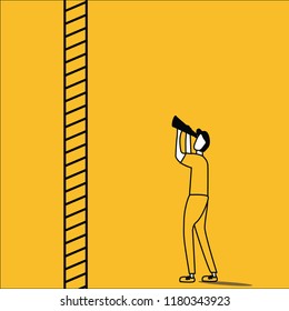Man with binocular searching for idea with a step ladder beside him, with infinite range. 